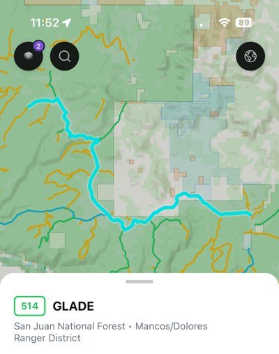 Camping road in the Dispersed app, San Juan National Forest