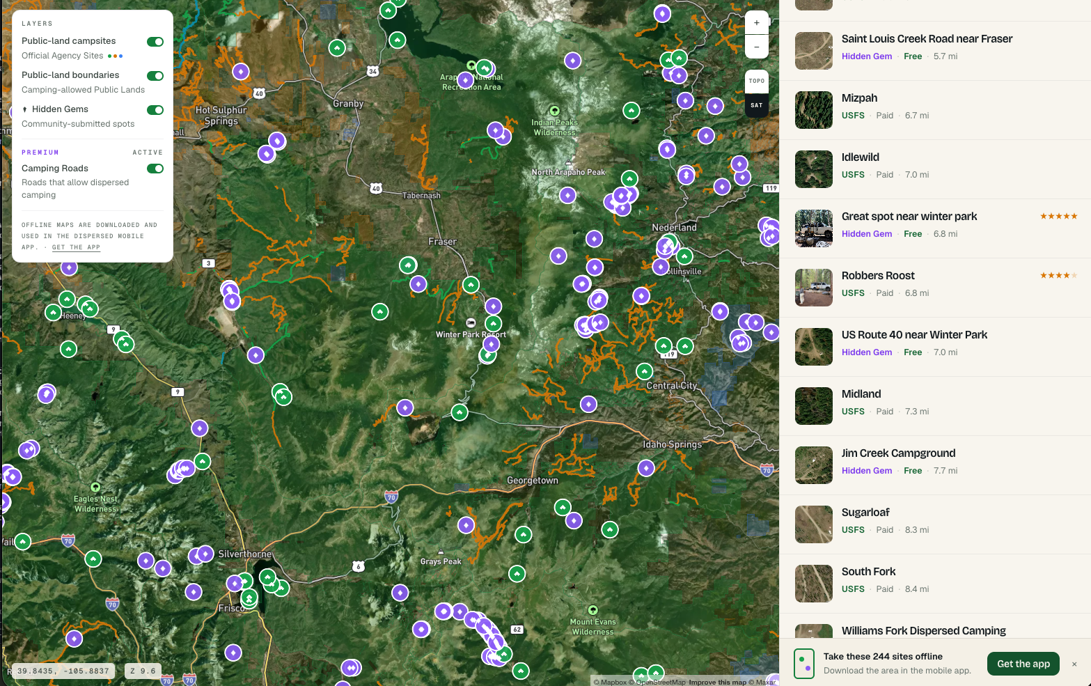 Dispersed map with public land campsites and camping roads near Winter Park, Colorado
