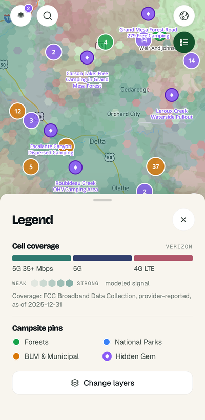 Verizon cell coverage around Delta, Colorado, with the map legend open