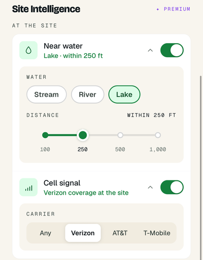 The Near water and Cell signal filters in Campsite Filters