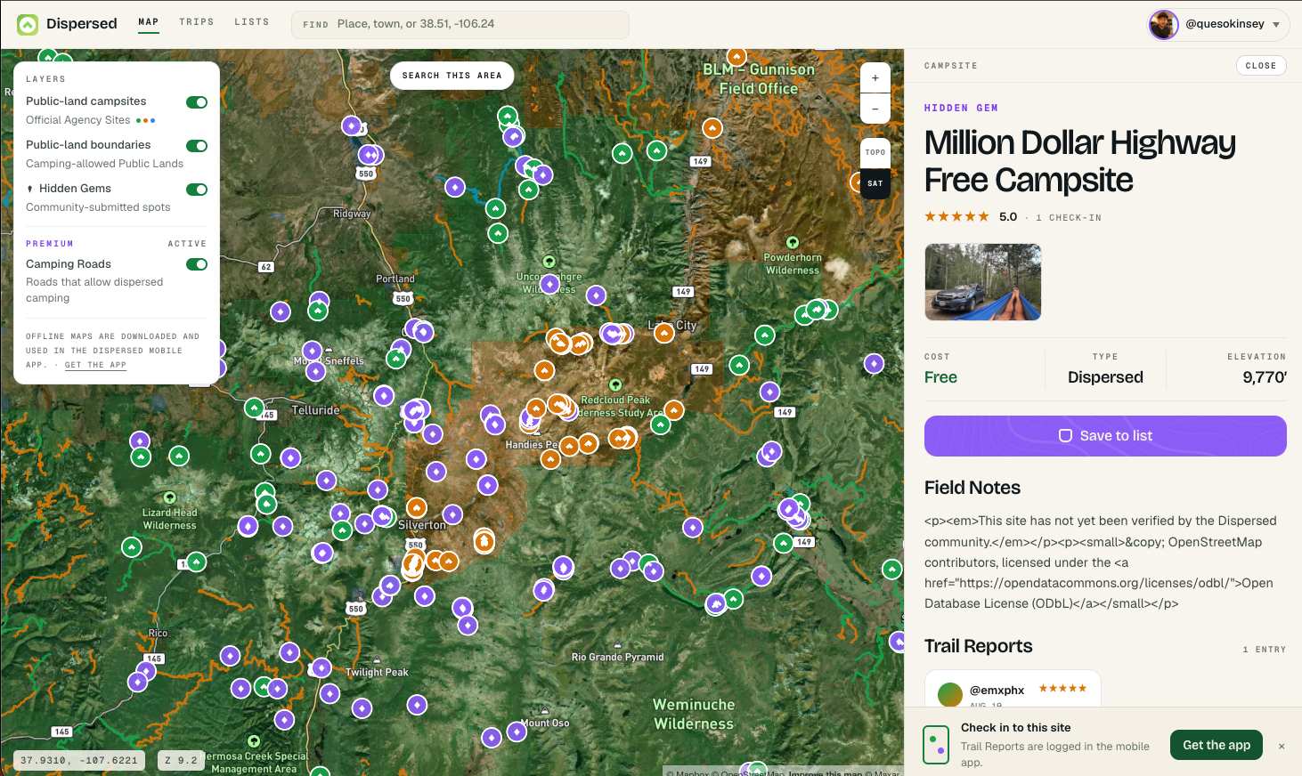 Dispersed Web App - Map and Site Detail
